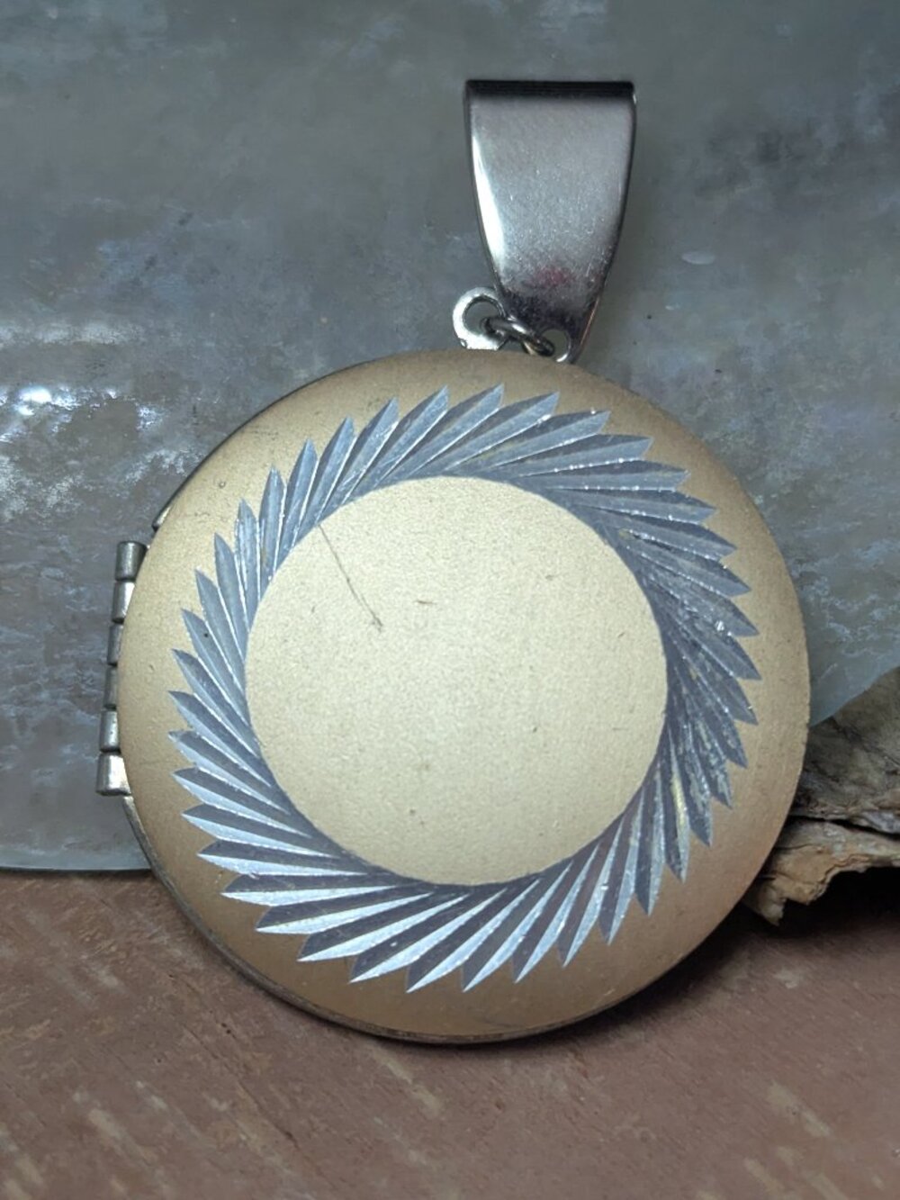 Geometric etched rose gold and silver toned locket pendant vintage